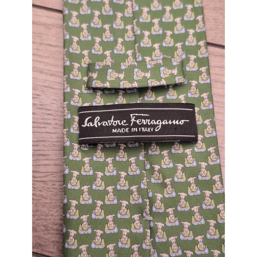 Salvatore Ferragamo Mens Silk Tie Green Whimsical Dog Animal Print Made in Italy